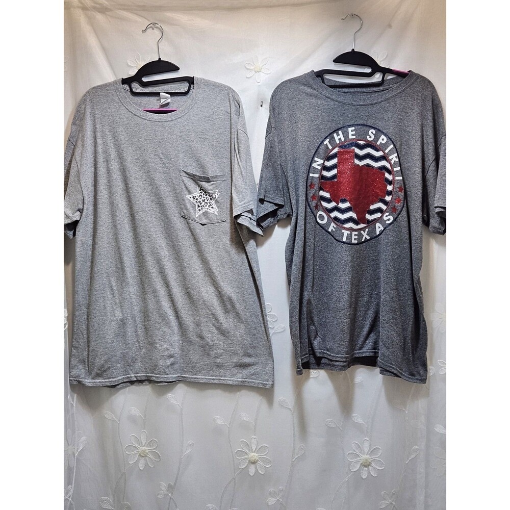 2 Womens Large Gray T-Shirt Bundle Spirit Of Texas Glitter Leopard Star Distress